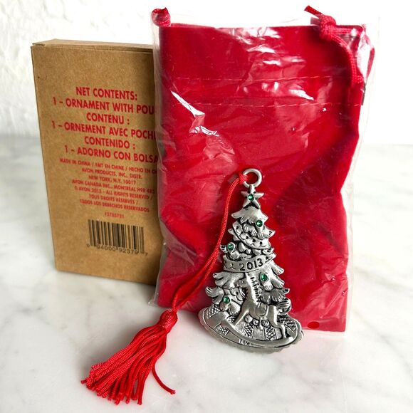 Avon Pewter Christmas Ornament 2013 Christmas Tree Rhinestones Velvet Bag & Box - Picture 1 of 5